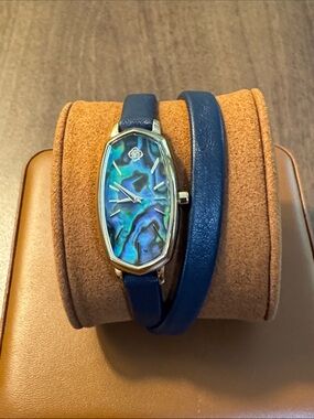 Kendra Scott Women's Blue Leather Double-Wrap Watch with Iridescent Abalone Dial